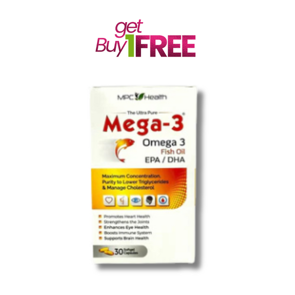 Mega3 Softgels (30s) (Rich Source of EPA and DHA Omega 3 fatty acids, Promote hairs and skin health, Maintain healthy mood and support cardiovascular, eyes and brain Health)