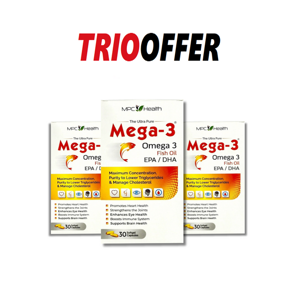 Mega3 Softgels (Trio Offer) (Rich Source of EPA and DHA Omega 3 fatty acids, Promote hairs and skin health, Maintain healthy mood and support cardiovascular, eyes and brain Health)