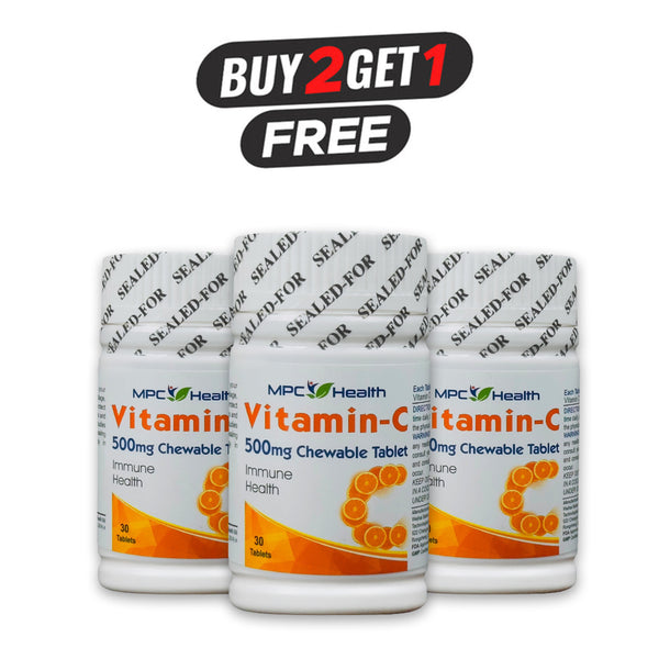 Buy 2 Vitamin-C (30s) Get 1 Vitamin-C (30s) Free (Boosts Collagen Synthesis, Anti Aging, Supports Skin Function, Enhances Iron Absorption, Aids Nervous System, Contributes to Immune System, Energy Release, Overall Health)